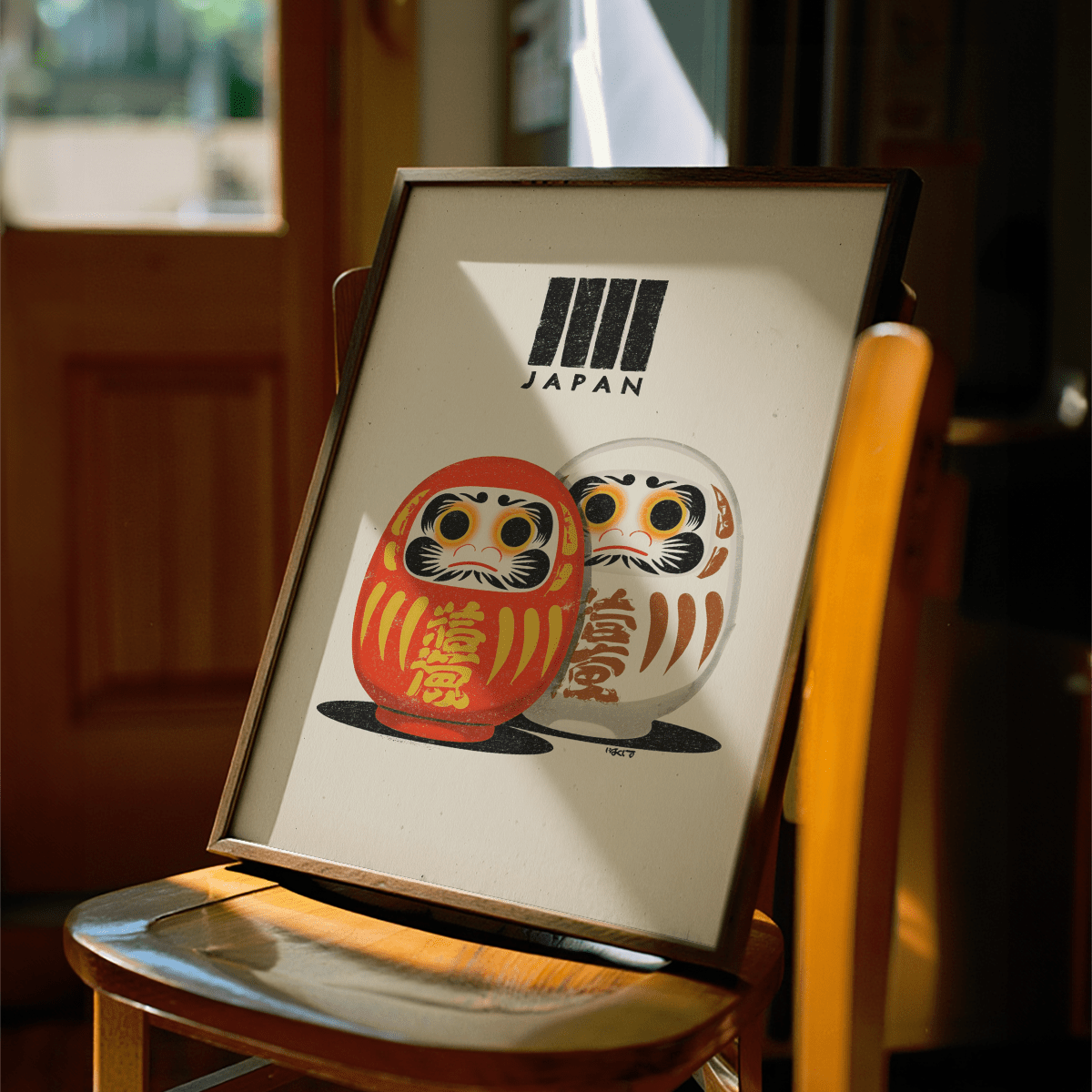 Minimalist Daruma Doll Print with yellow accents for office