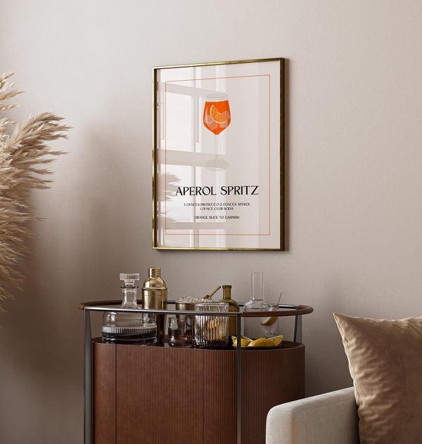 Aperol Spritz drink print with simple typography and modern border frame.