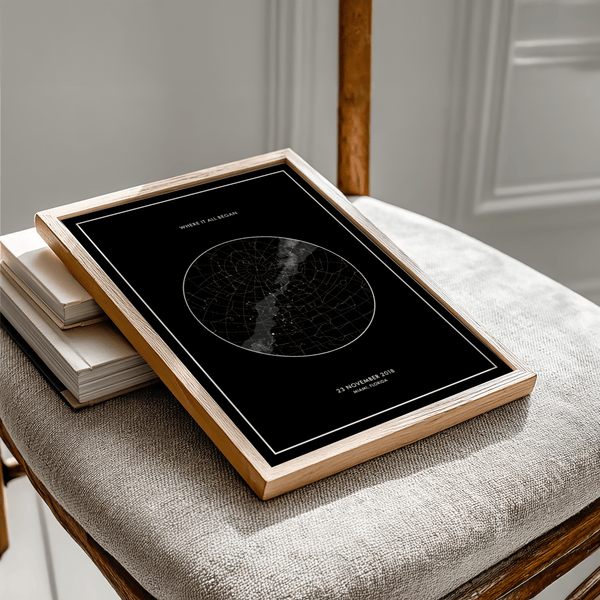 Custom Star Map art print with white celestial details for an entryway wall