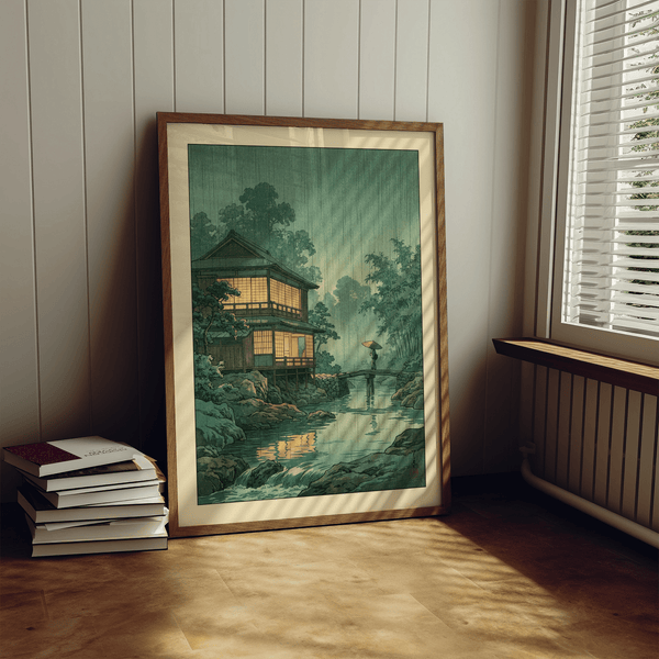 Japanese Landscape Wall Art of a riverside home and arched bridge in the rain