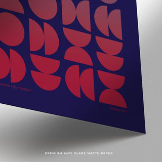 Symmetrical graphic design poster with layered semi-circles and curves.