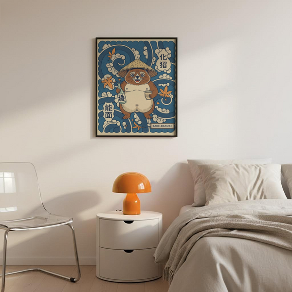 Cheerful Japanese Tanuki Wall Art with central tanuki motif and patterned texture