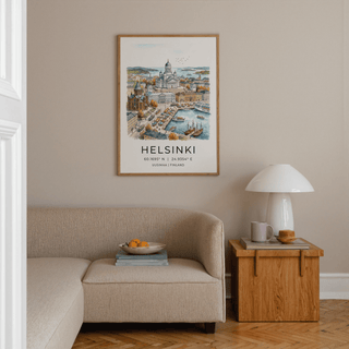 Panoramic cityscape poster of Helsinki with cathedral, harbor boats, and distant islands