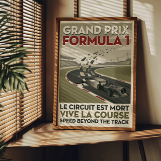 Typographic racing poster print featuring GRAND PRIX FORMULA 1 headline and French slogan text at the bottom