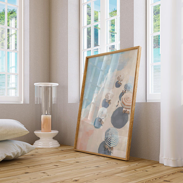 Summery beach umbrella print with clear shadows and vibrant light.