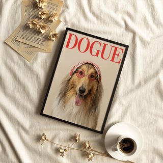 Rough Collie Dogue Print wall art highlighting Pink and Beige, ideal for contemporary home offices