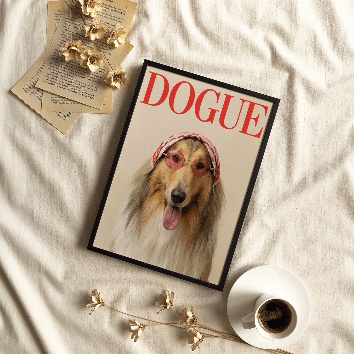 Rough Collie Dogue Print wall art highlighting Pink and Beige, ideal for contemporary home offices