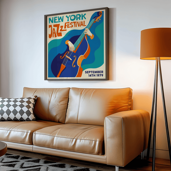 Vintage-inspired New York Jazz Festival Art Print in Orange and Beige for den wall art