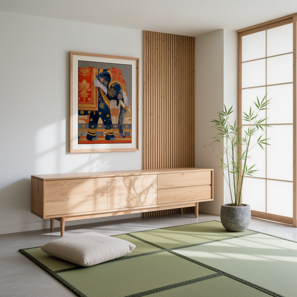 Patterned Indian Elephant Print wall art showing ornate cloth and curved tusks