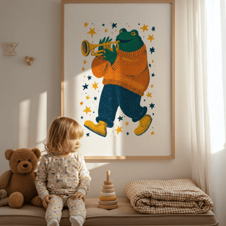 Frog Playing Trumpet Art featuring multicolored accents for home office poster