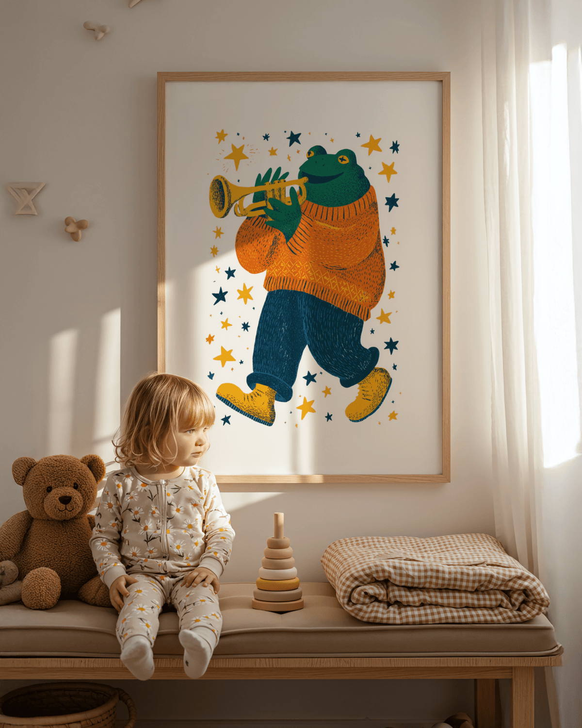 Print of frog playing trumpet art with bright stars in a child’s bedroom with soft sunlight and teddy bear