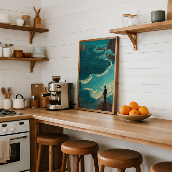 Ocean Fisherman Wall Art scene focusing on fisherman net across cliff edge