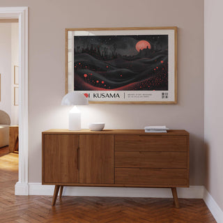 Celestial moon print with red glow and Kusama-inspired design