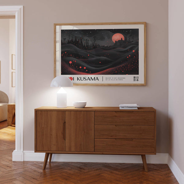 Celestial moon print with red glow and Kusama-inspired design