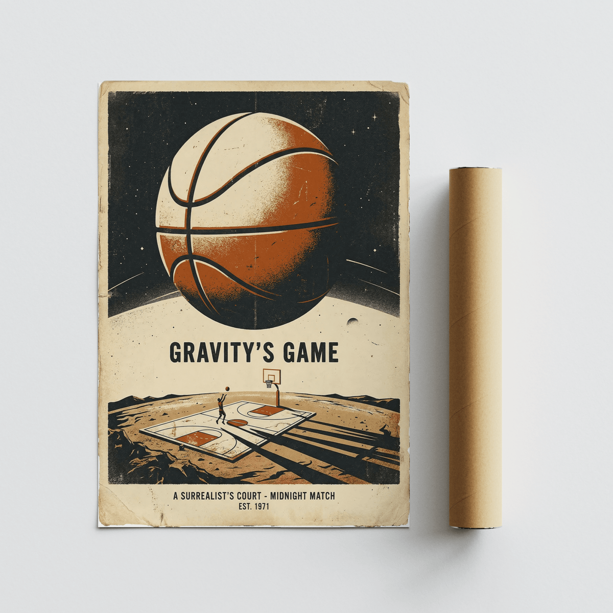 Cinematic basketball court illustration set in cosmic night landscape