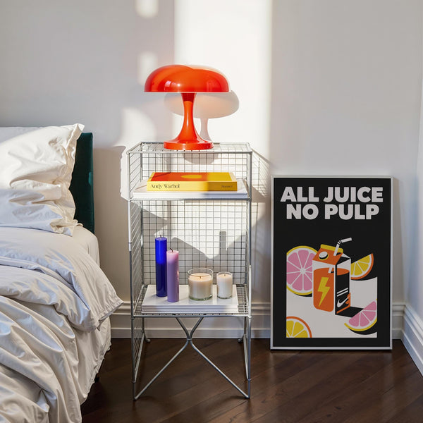 Electric orange pop art poster with fun fruit graphics.