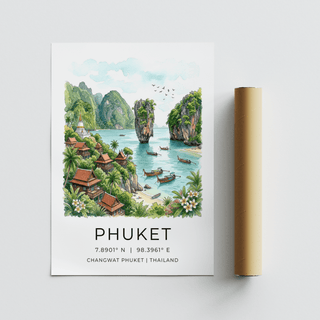Scenic Phuket Art Print travel poster with cliffs, sea, and hillside temple