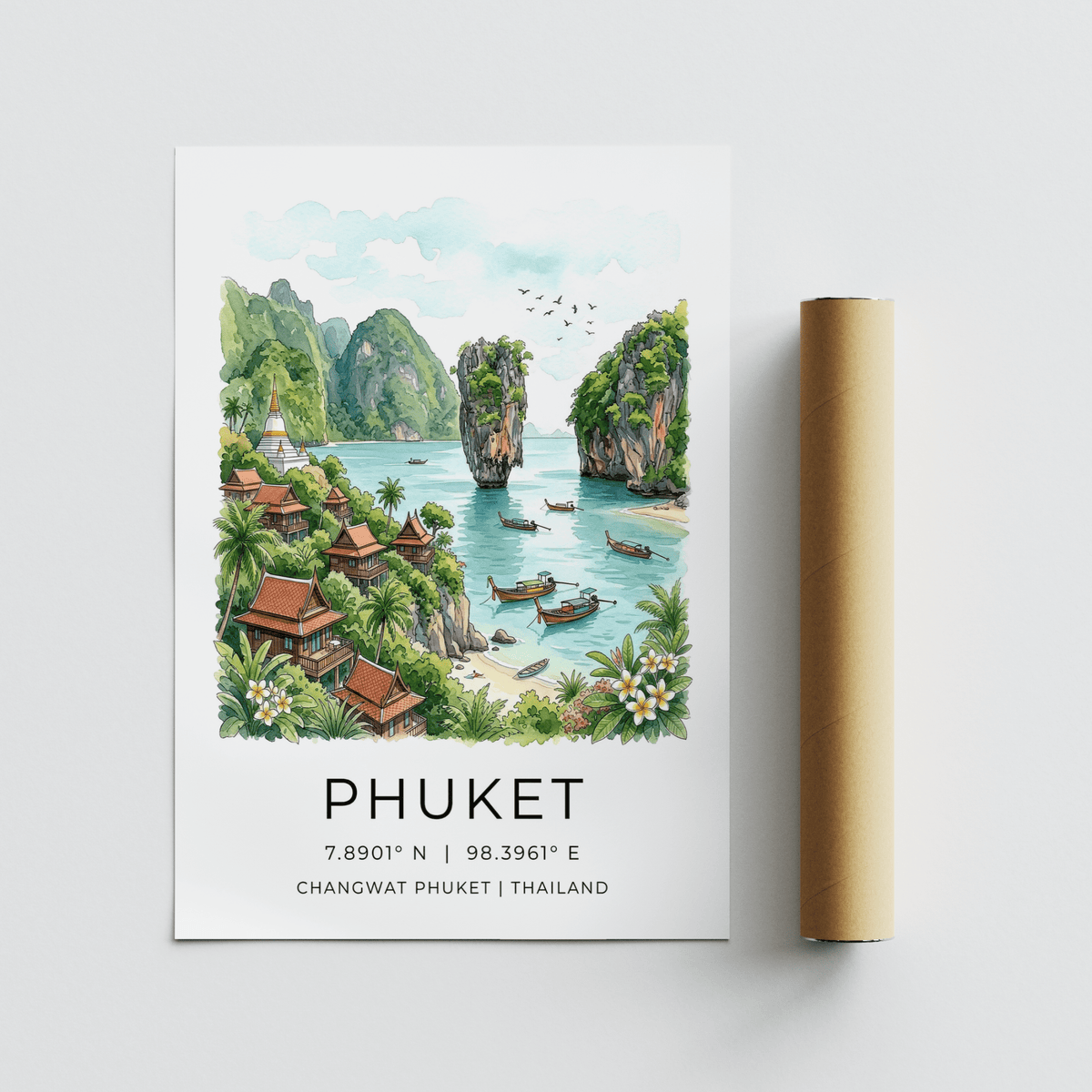 Scenic Phuket Art Print travel poster with cliffs, sea, and hillside temple