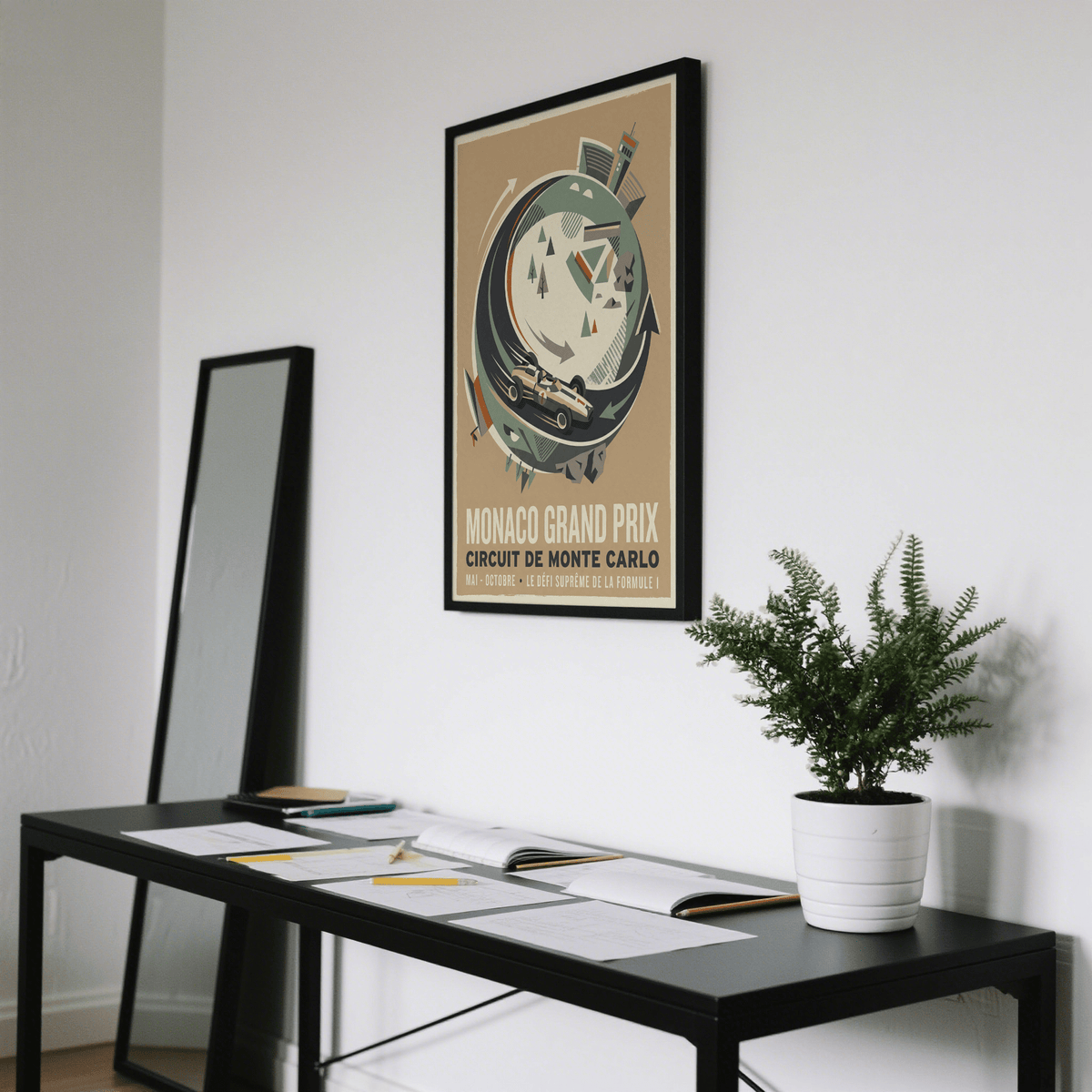 Diagonal racing wall art with streamlined car, curved roadway loop, and abstract terrain shapes