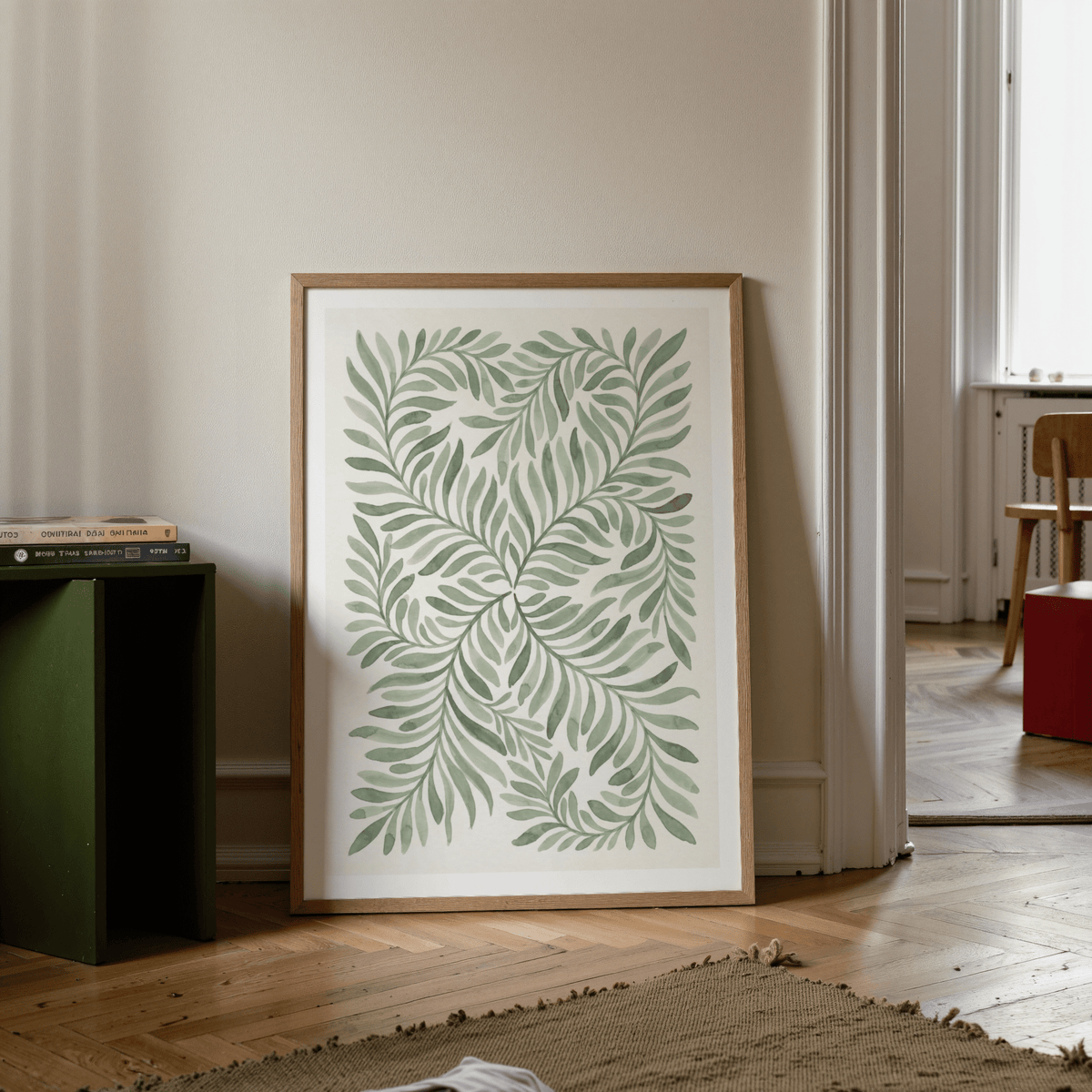 Watercolor Green Leaf Art print with Green, Beige, and White for hallway display