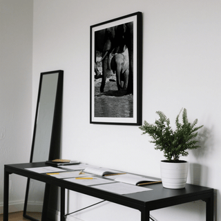 Gallery-style display of Nature Art Print showing elephant family scene