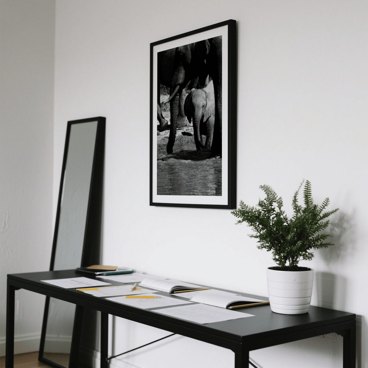 Gallery-style display of Nature Art Print showing elephant family scene