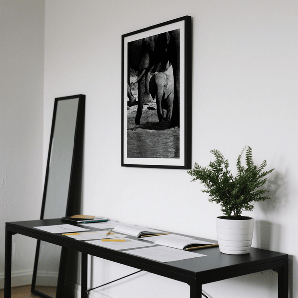 Gallery-style display of Nature Art Print showing elephant family scene