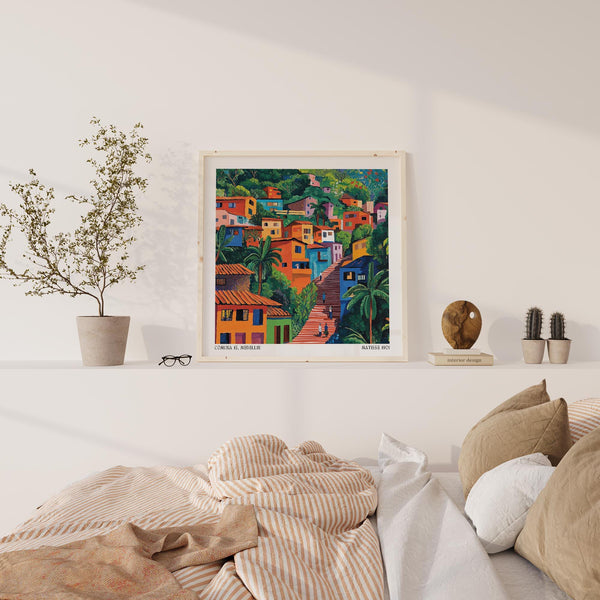 Painterly Medellín scene with rainbow buildings and a red stairway.