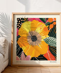 Yellow flower artwork with intricate modern botanical details.