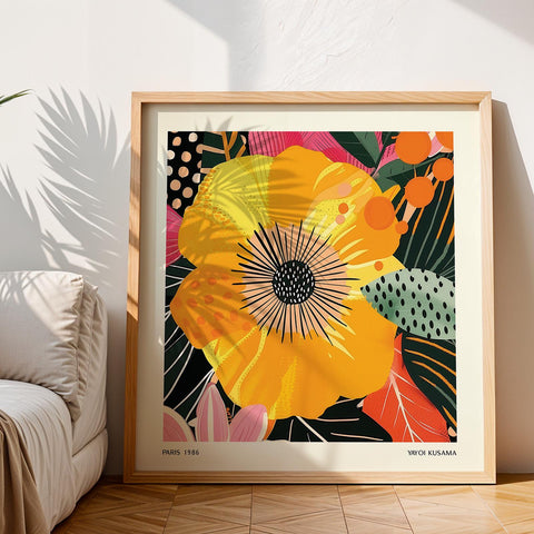 Yellow flower artwork with intricate modern botanical details.