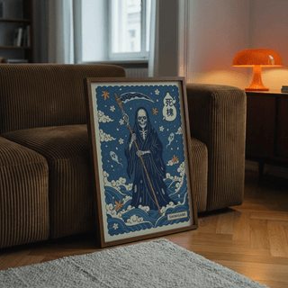 Depicting Shinigami Art Print with scythe, blossoms, and scalloped border