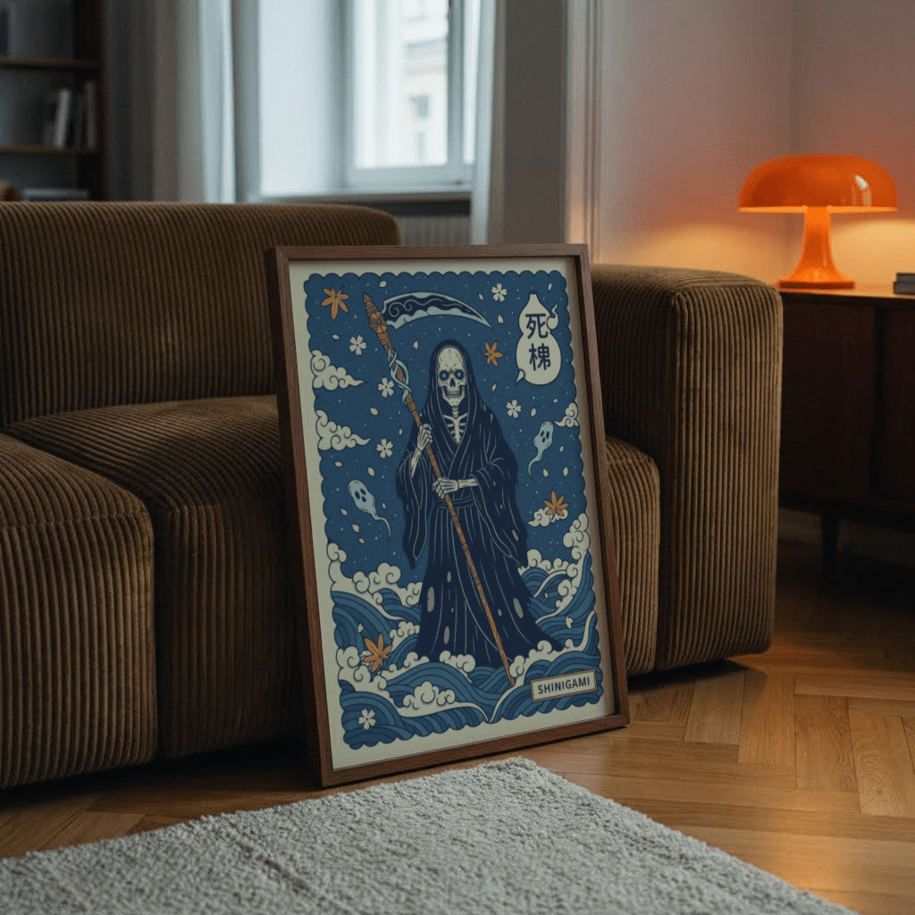 Depicting Shinigami Art Print with scythe, blossoms, and scalloped border