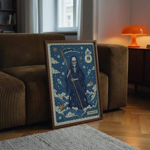 Depicting Shinigami Art Print with scythe, blossoms, and scalloped border