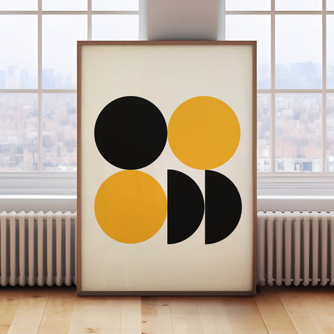 Modern abstract geometric print with black and yellow circles, perfect for minimalist spaces

