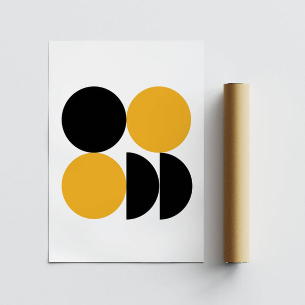 Black and yellow circle artwork used as geometric posters