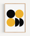 Modern abstract geometric print with black and yellow circles, perfect for minimalist spaces
