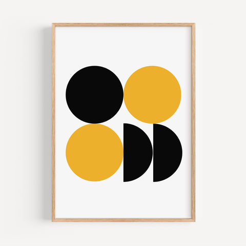 Modern abstract geometric print with black and yellow circles, perfect for minimalist spaces
