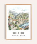 Kotor Landscape Art Print with watercolor marina, stone promenade, and fortified hillside backdrop