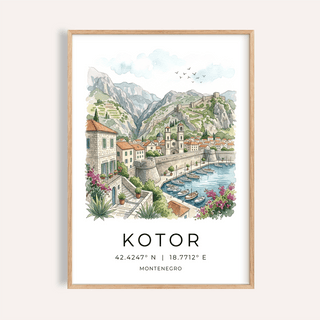 Kotor Landscape Art Print with watercolor marina, stone promenade, and fortified hillside backdrop