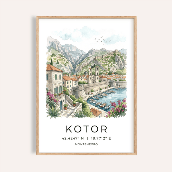 Kotor Landscape Art Print with watercolor marina, stone promenade, and fortified hillside backdrop