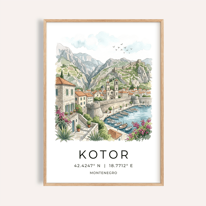 Kotor Landscape Art Print with watercolor marina, stone promenade, and fortified hillside backdrop