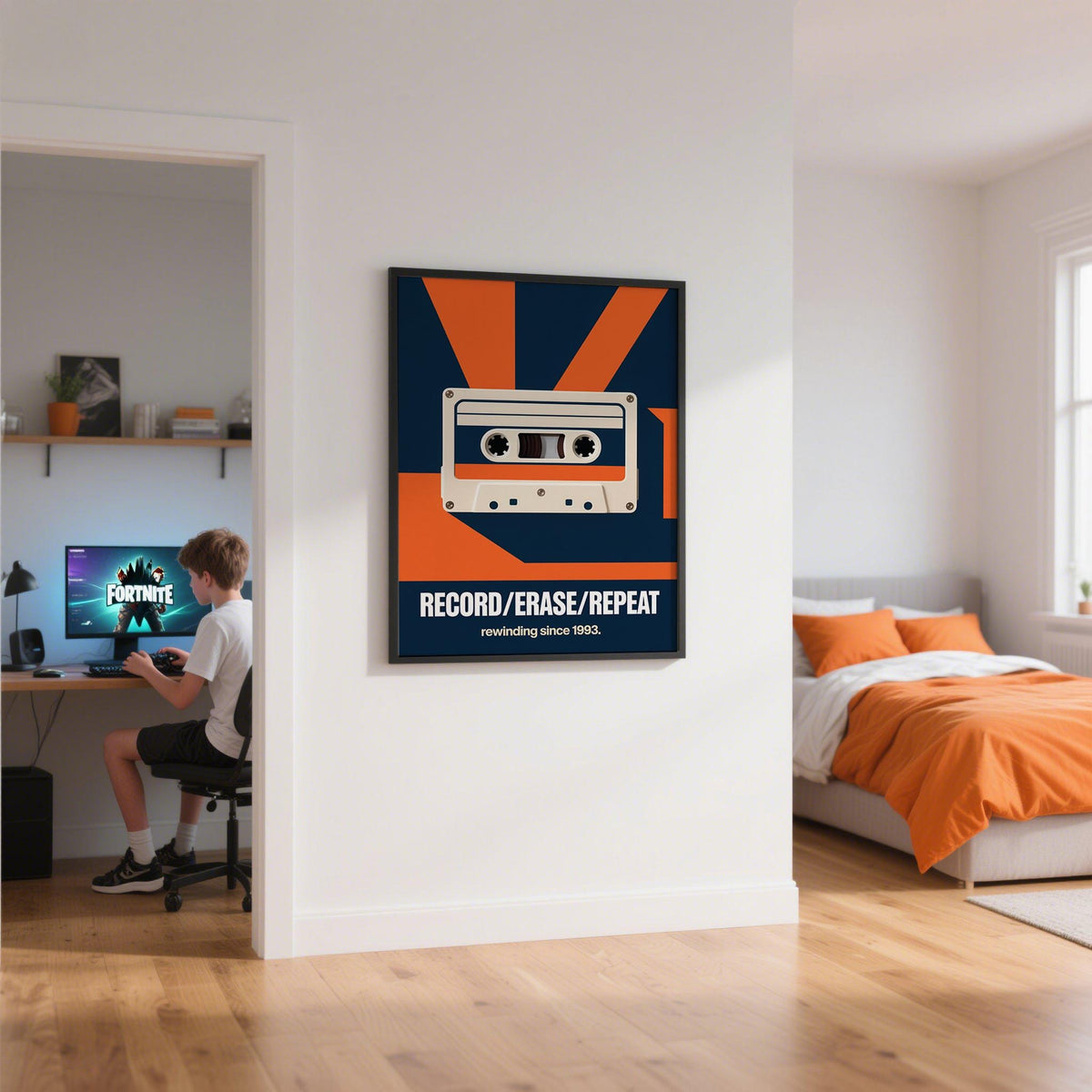Retro cassette tape wall art featuring “Record Erase Repeat” quote.