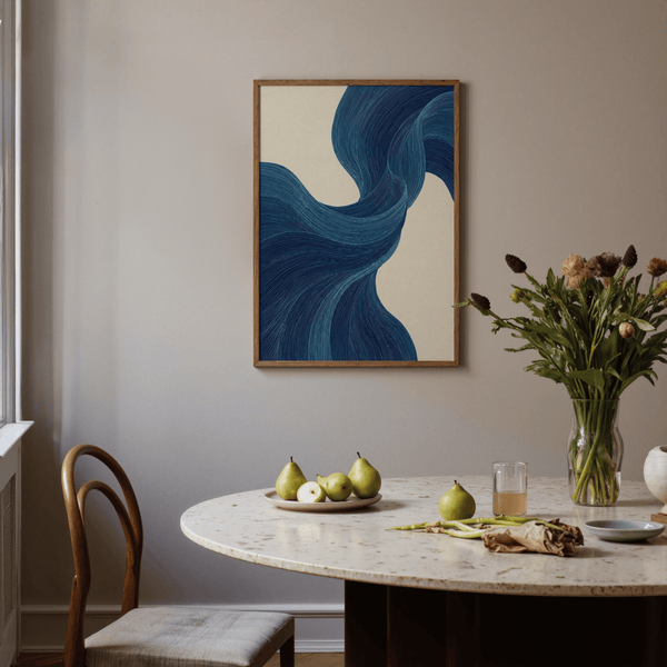 Blue Flowing Wall Art print with blue lines and beige background for home gallery