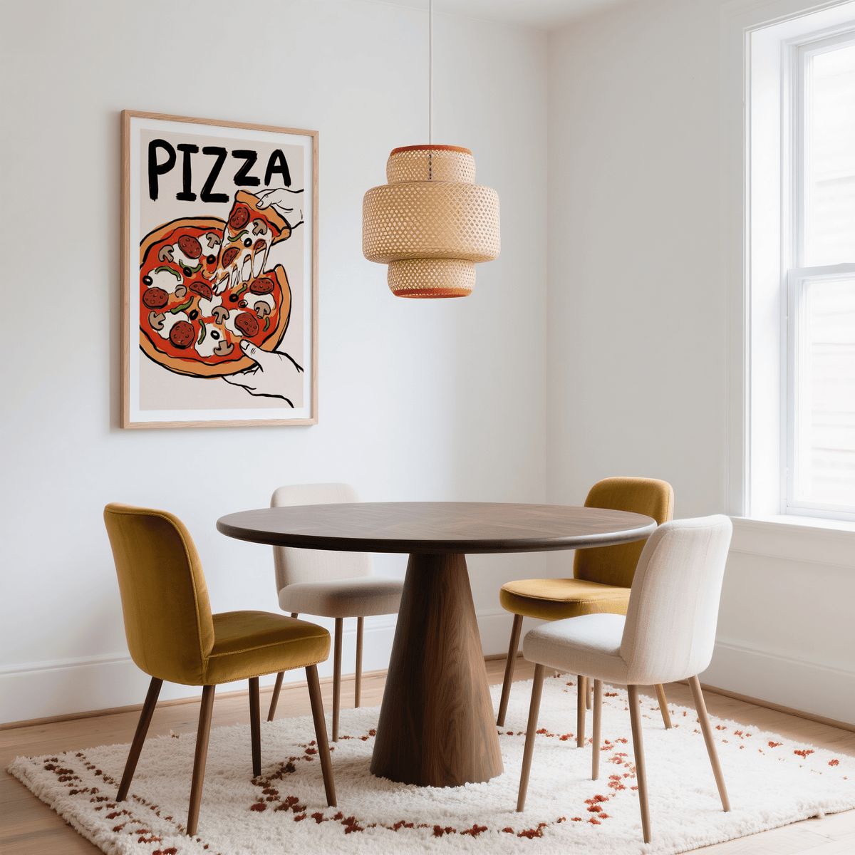 Pizza Art Print showing pizza slice in orange, red, and black