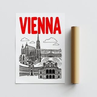 Typography-led Vienna cityscape poster print with skyline scene beneath the title