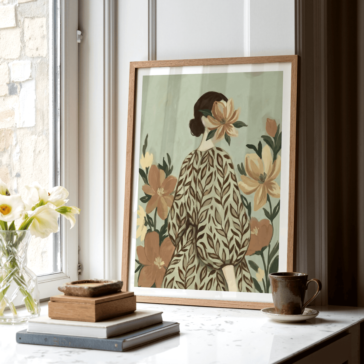 Woman with Flowers poster, white background floral design for office