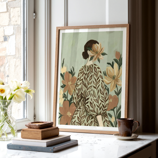 Woman with Flowers poster, white background floral design for office