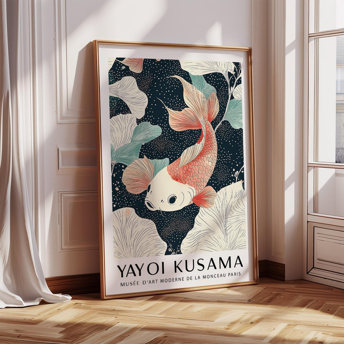 Koi Carp Wall Art with coral scales and botanical background.