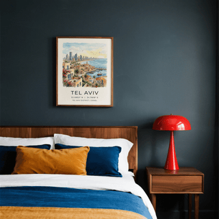 Tel Aviv Art Print poster featuring watercolor harbor, sailboats, and skyline with location text