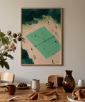 Scene-based sports wall art print with tennis court geometry, net across center, and figures